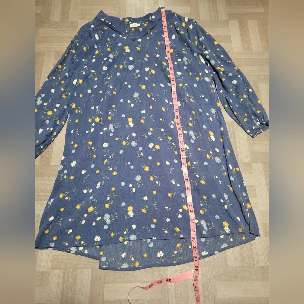 -A.N.A. Blue Dress with Yellow and White Floral Pattern Long Sleeve - Picture 2 of 7